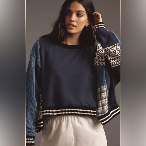 Pilcro Tops - Pilcro/Anthropologie Mixed Media Sweatshirt in Blue Pattern Size M. NWT